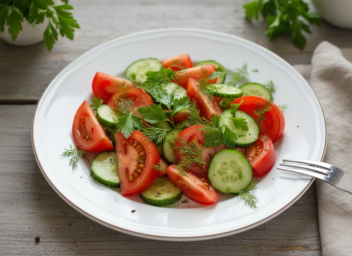 Салат из помидоров и огурцов с зеленью photo