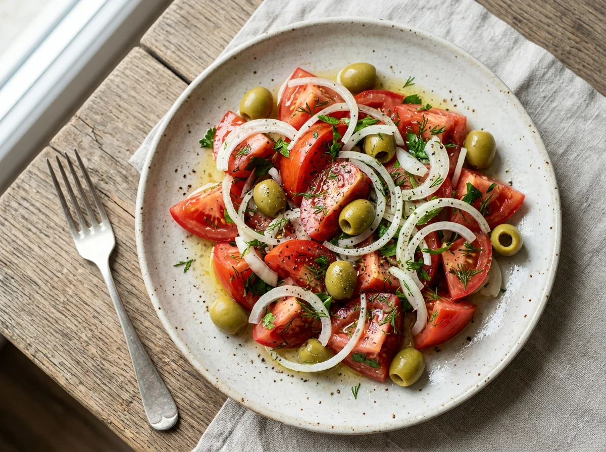 Салат из помидоров, лука и оливок photo
