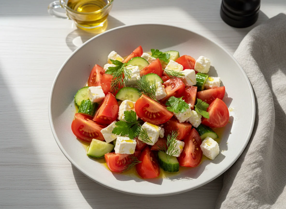 Салат из помидоров, огурцов и феты photo