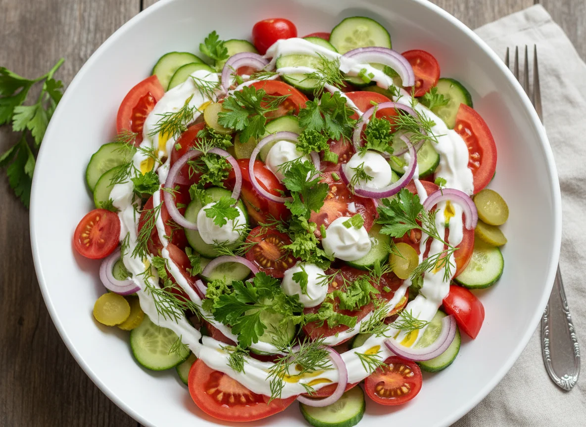 Салат из помидоров, огурцов и лука с соусом photo