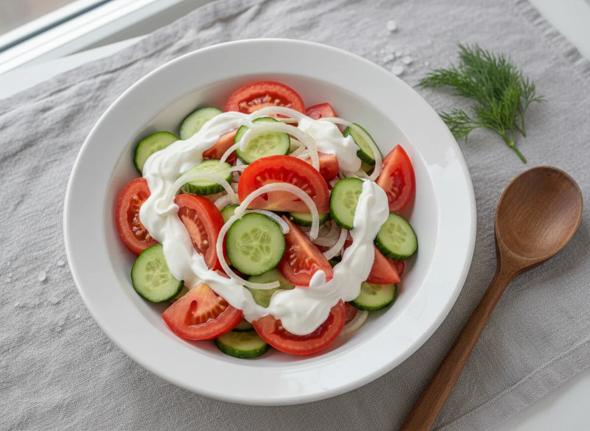 Салат из помидоров, огурцов и лука со сметаной photo