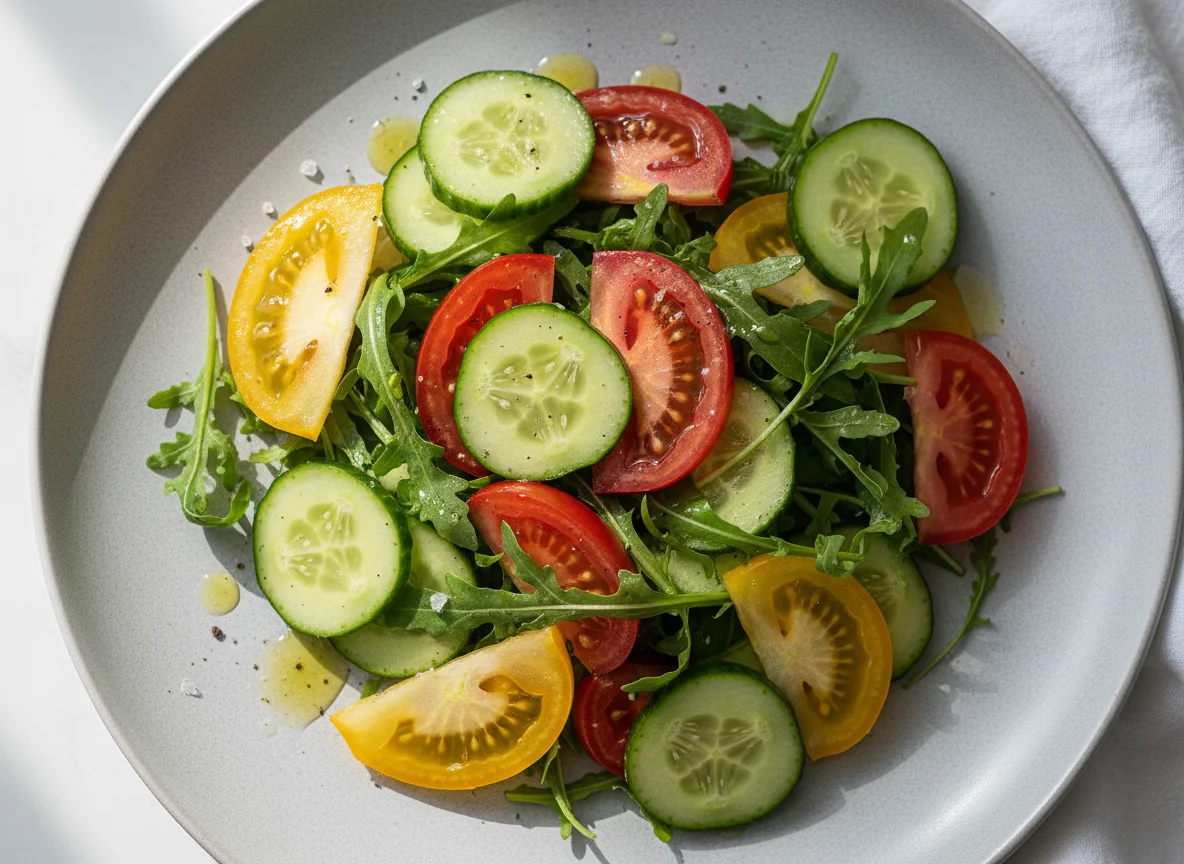 Салат из помидоров, огурцов и рукколы photo