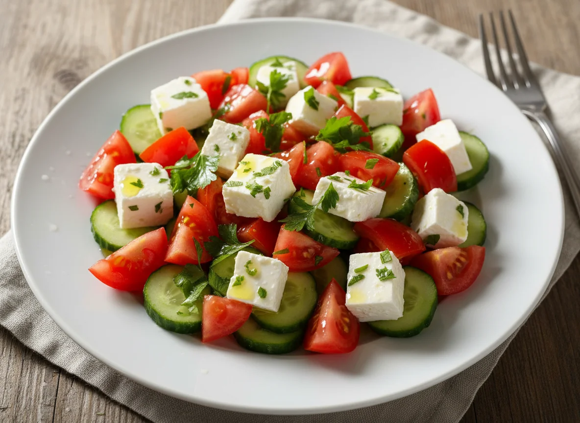 Салат из помидоров, огурцов и сыра фета photo