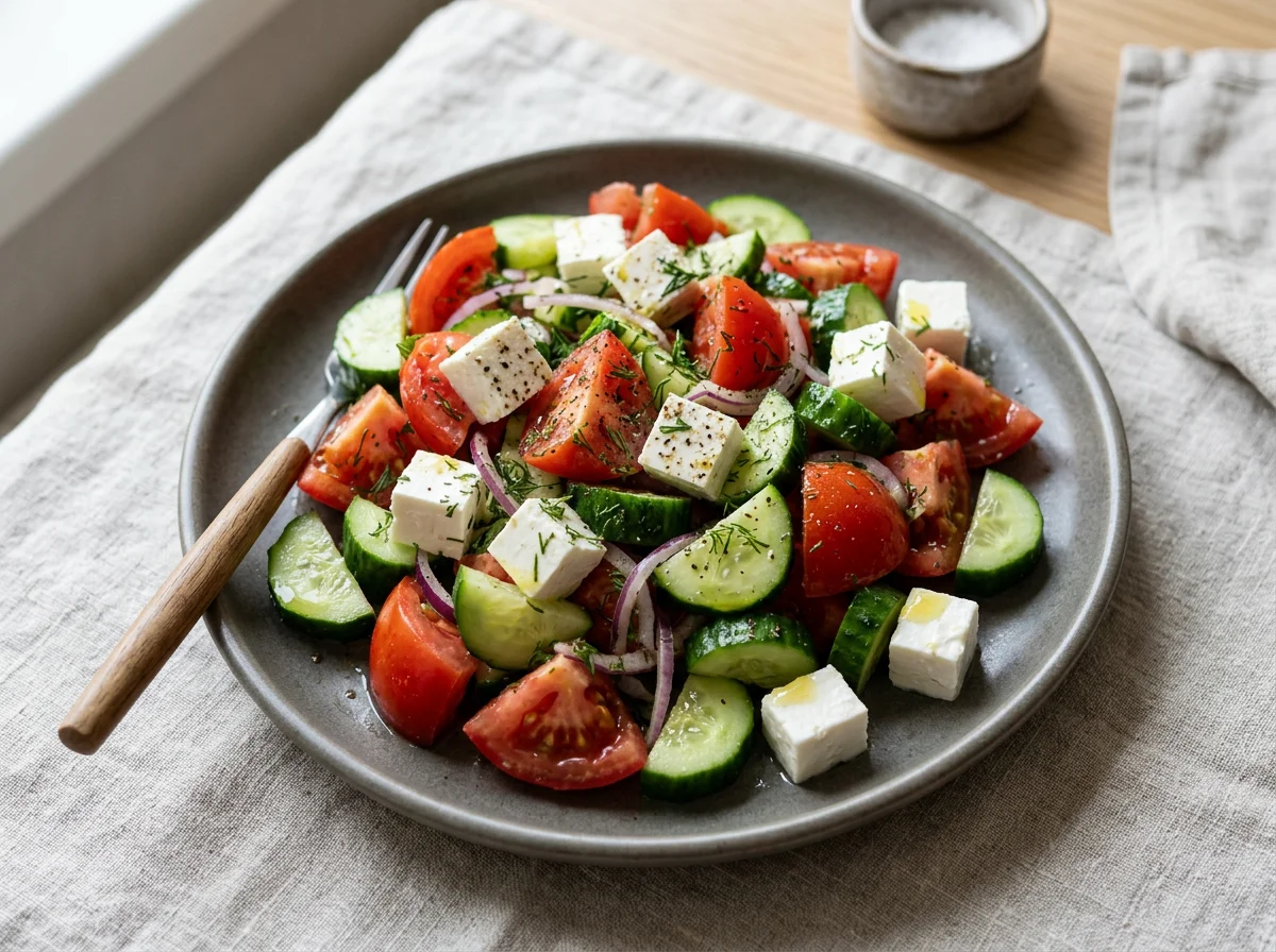 Салат из помидоров, огурцов и сыра photo
