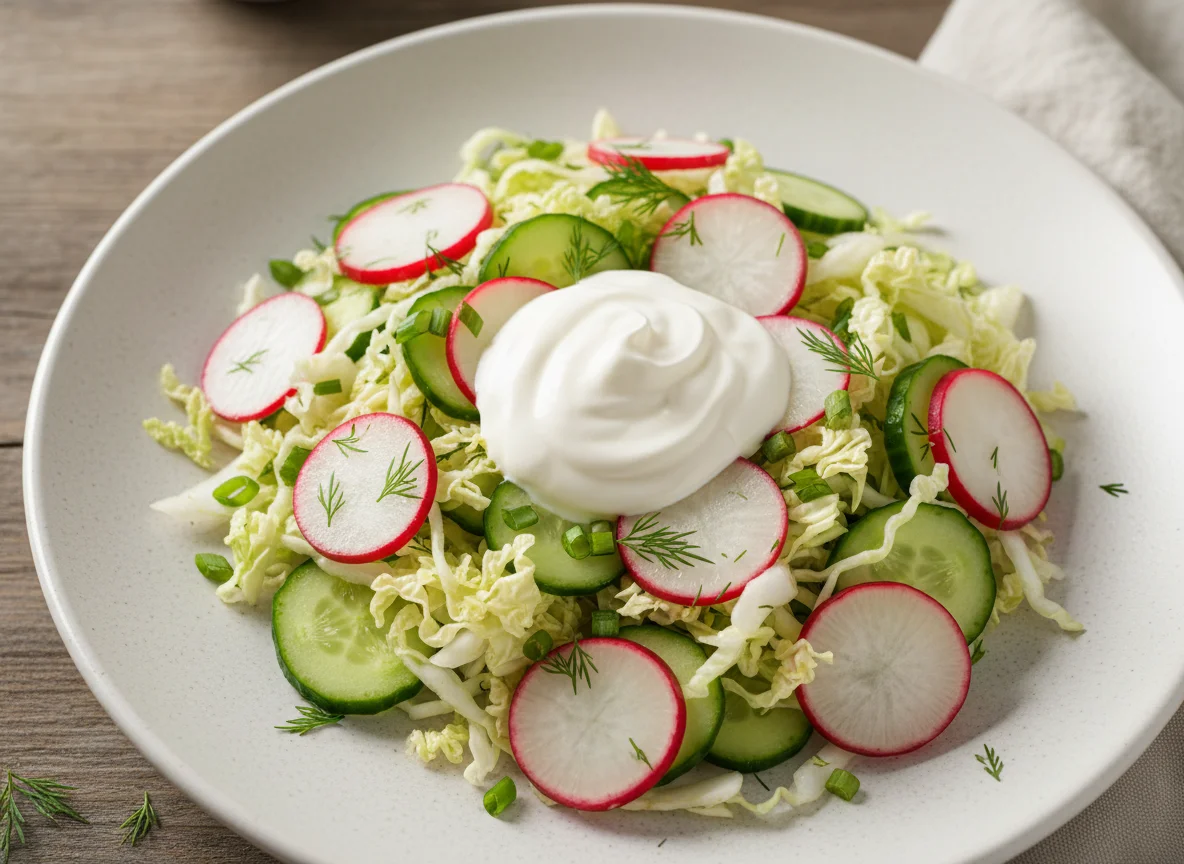 Салат из редиса, огурцов и капусты со сметаной photo