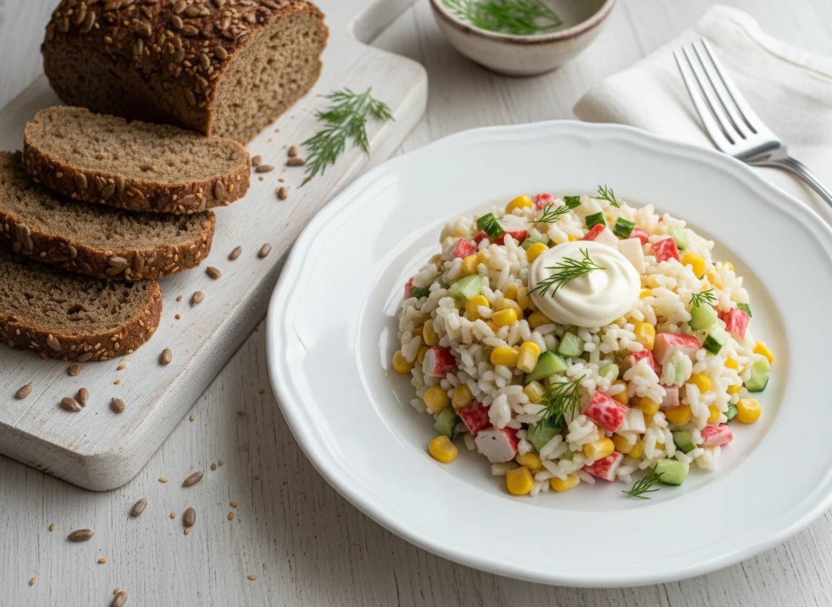 Салат из риса с крабовыми палочками и кукурузой, плюс чёрный хлеб с семечками photo