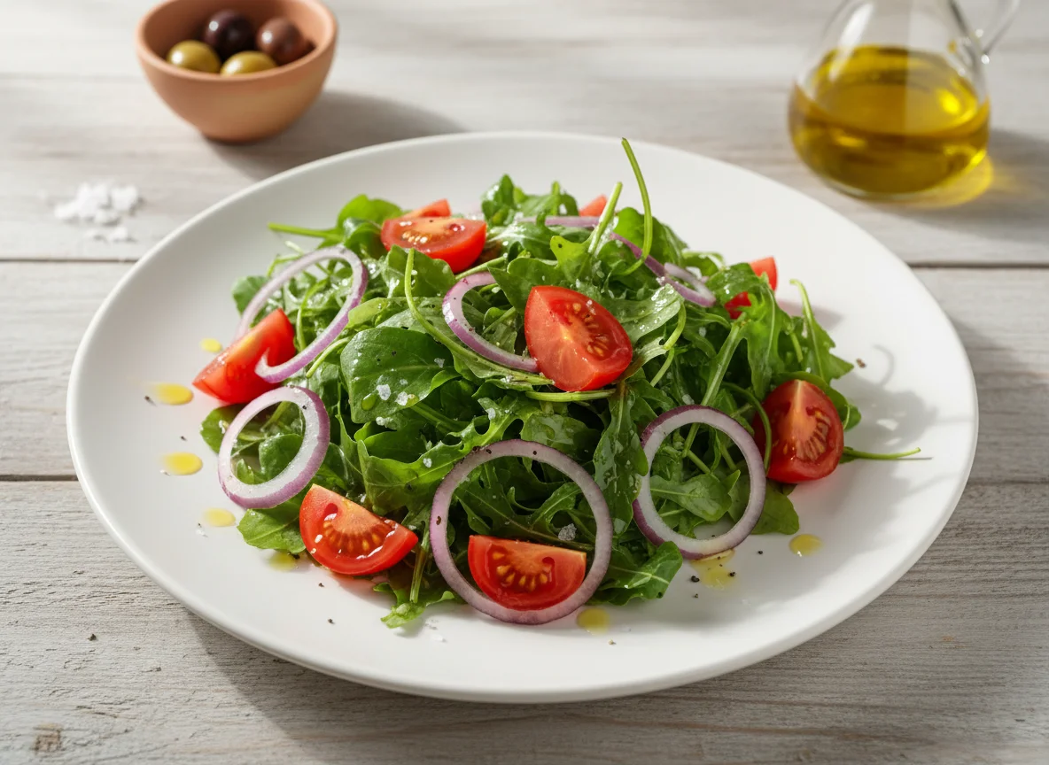 Салат из рукколы с помидорами и луком photo