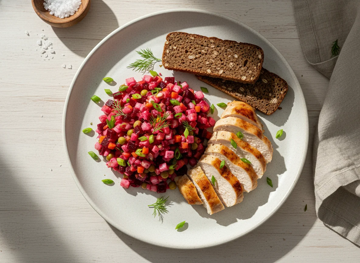 Салат из свеклы с курицей и хлебцем photo