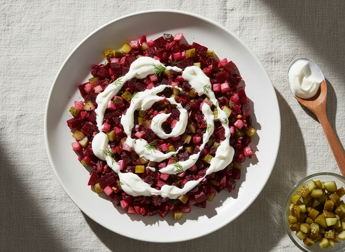 Салат из свеклы с солеными огурцами и сметаной photo
