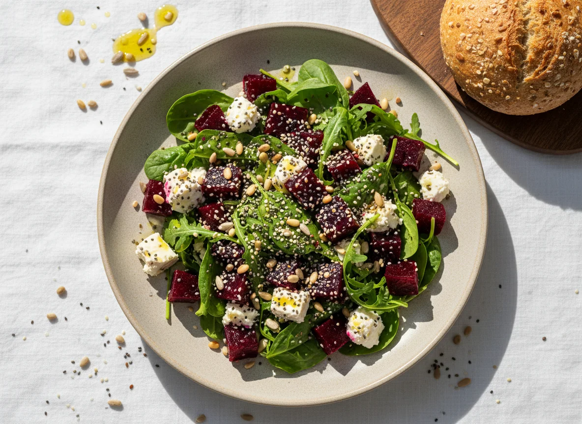 Салат из свеклы с сыром и булочка photo