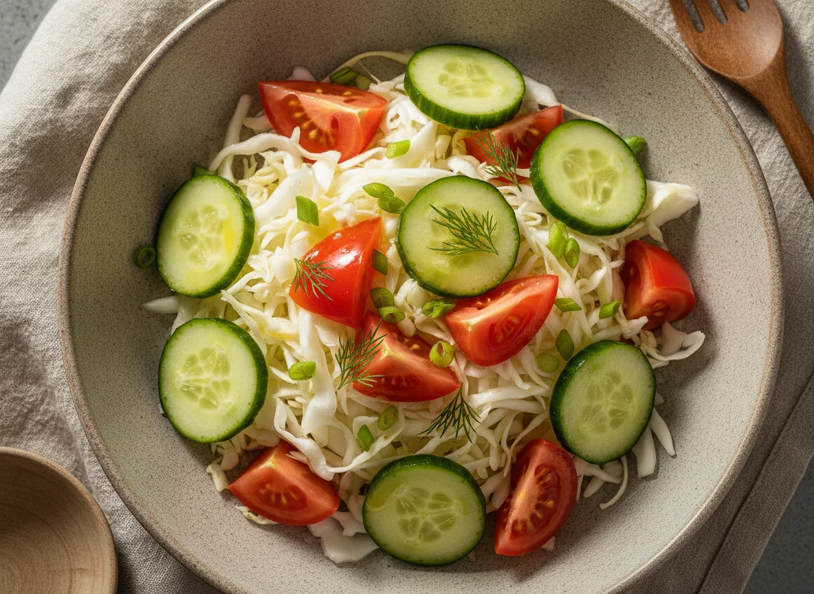 Салат из свежей капусты с огурцами и помидорами photo