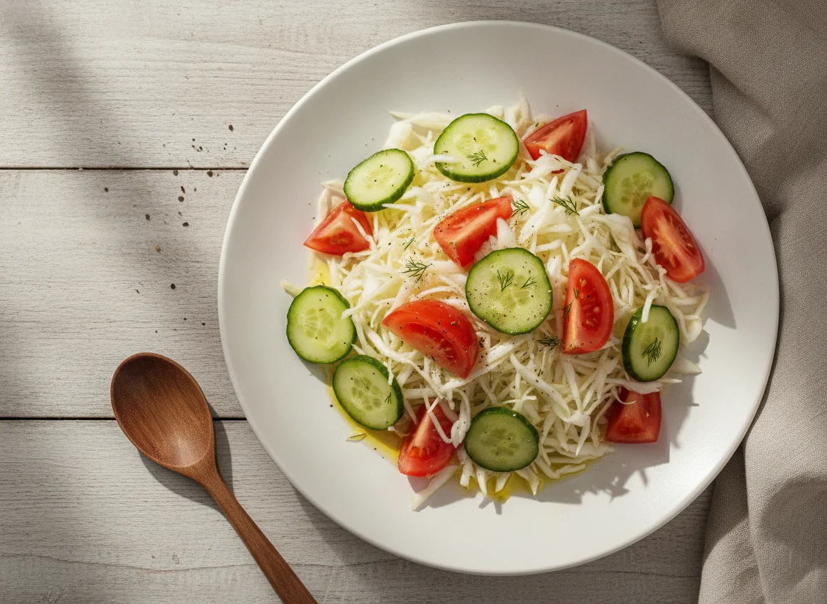 Салат из свежей капусты с помидорами и огурцами photo