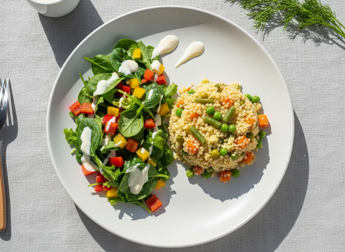 Салат из свежих овощей и гарнир из кускуса с овощами photo