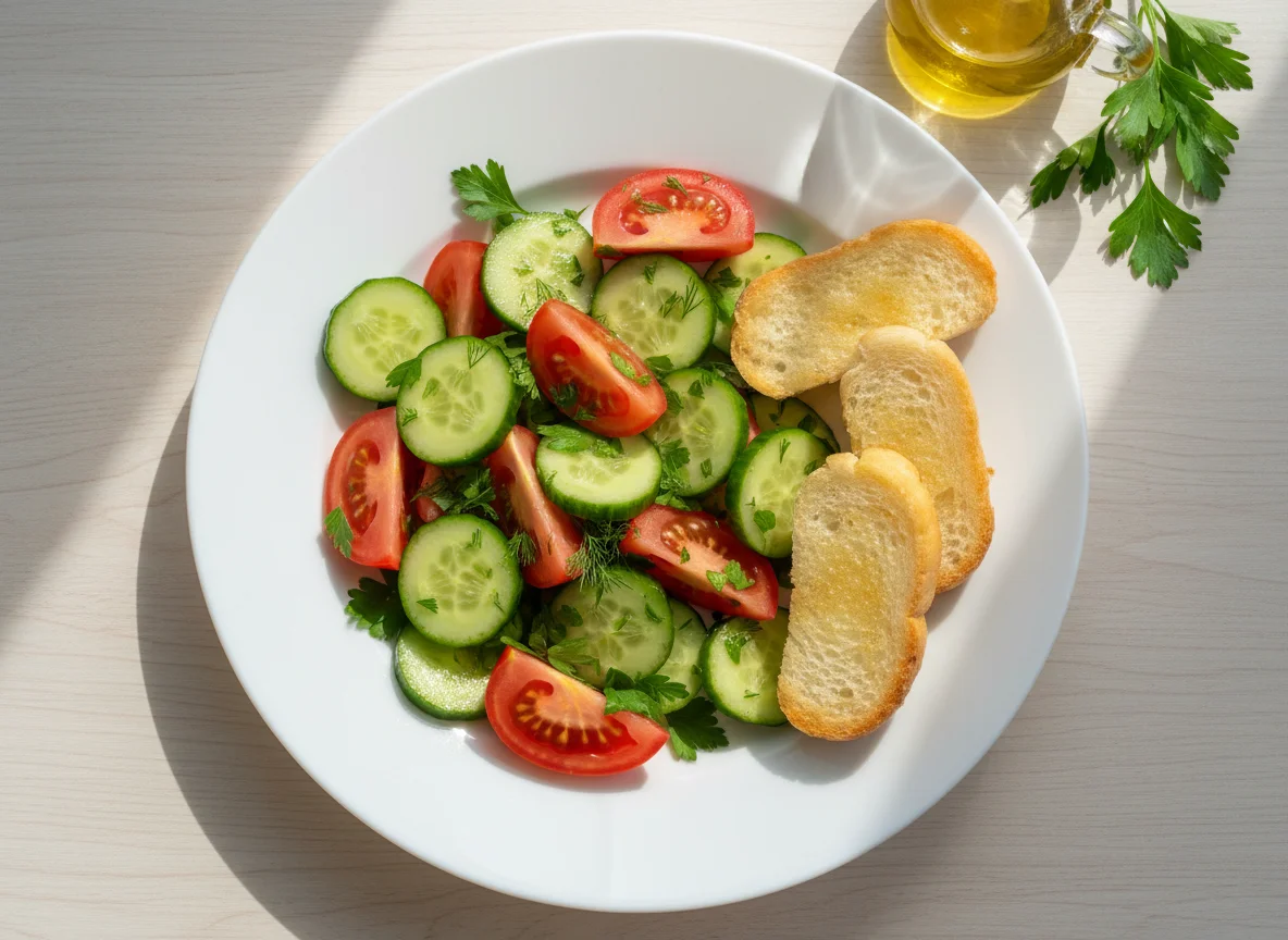 Салат из свежих овощей и жареный хлеб photo