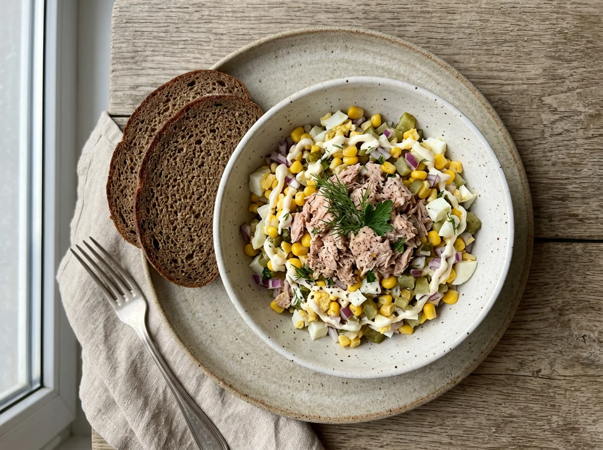 Салат из тунца с кукурузой и хлебом photo