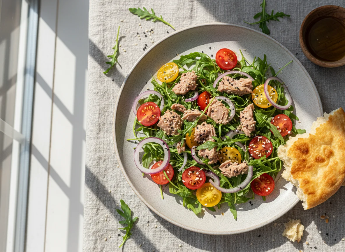 Салат из тунца с рукколой и помидорами photo