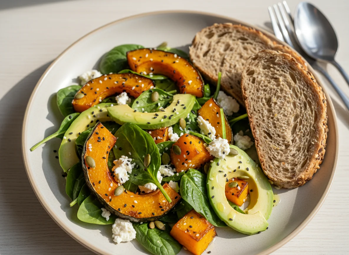 Салат из тыквы со шпинатом и хлеб photo