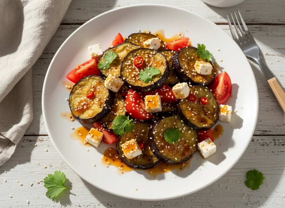 Салат из жареных баклажанов с томатами и сыром photo