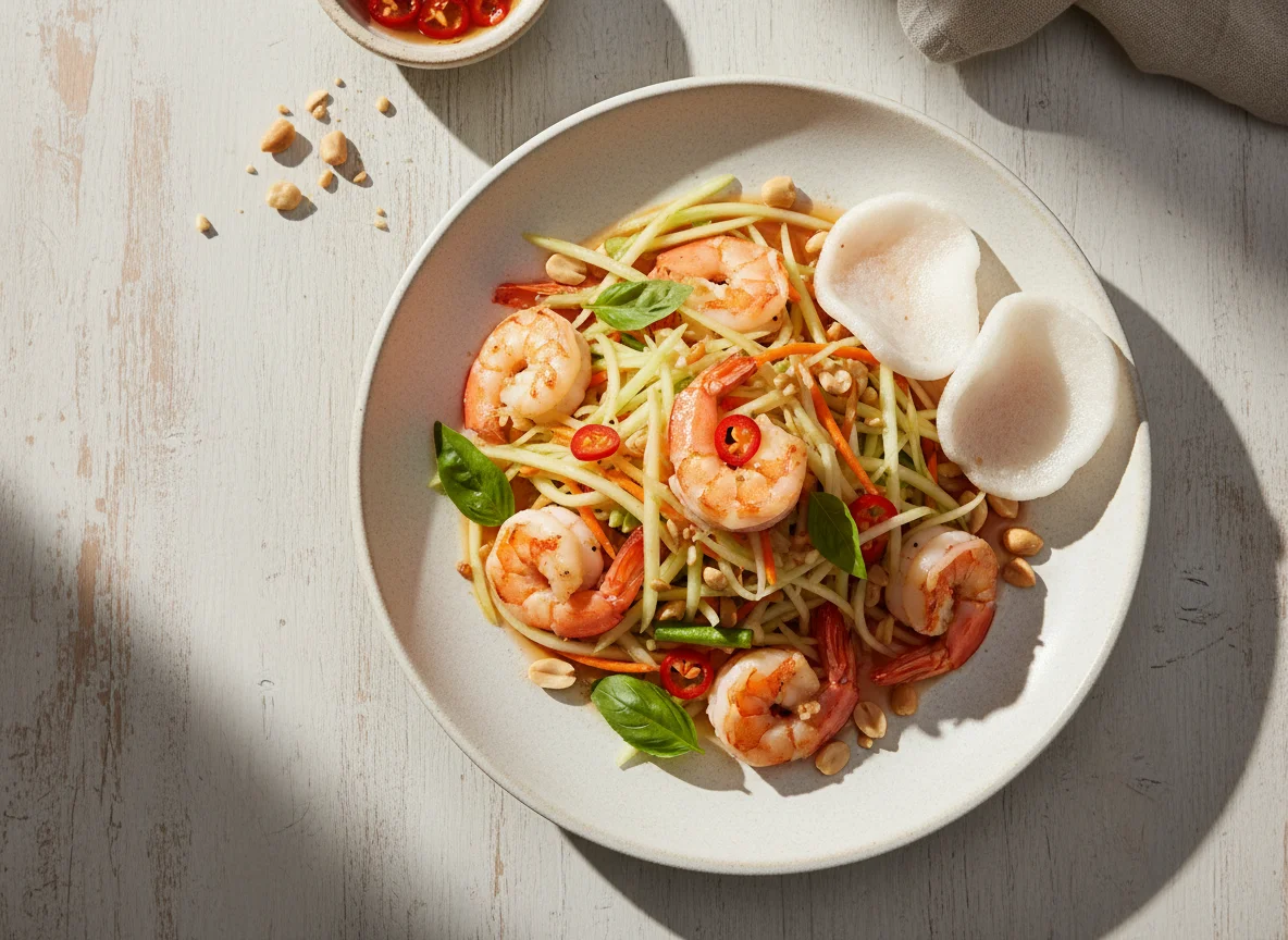 Салат из зеленой папайи с креветками и арахисом photo