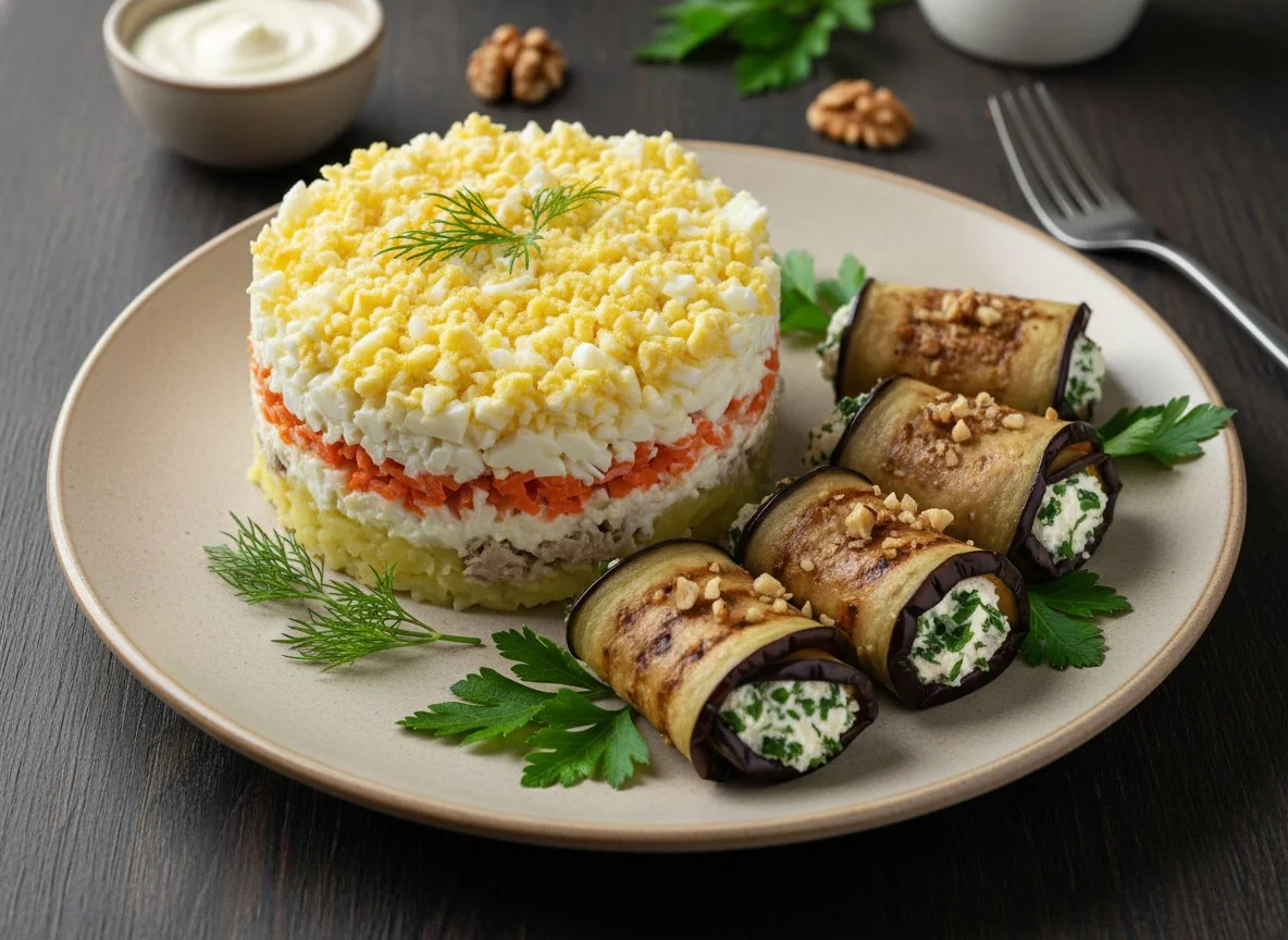 Салат Мимоза и рулетики из баклажанов photo