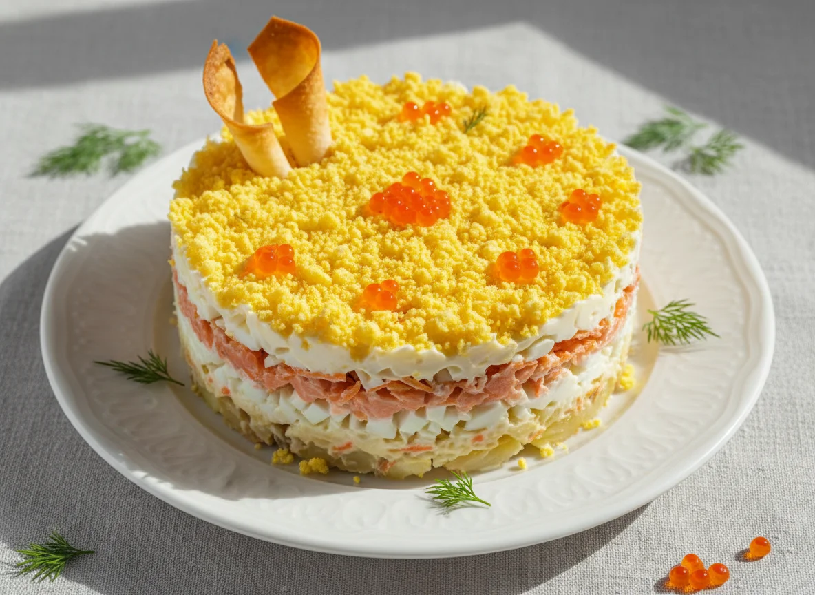 Салат Мимоза с красной рыбой photo