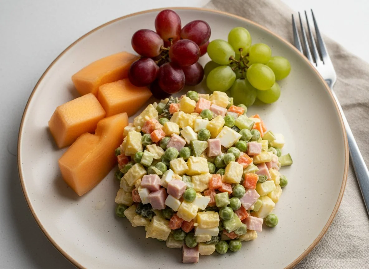 Салат Оливье и фрукты photo