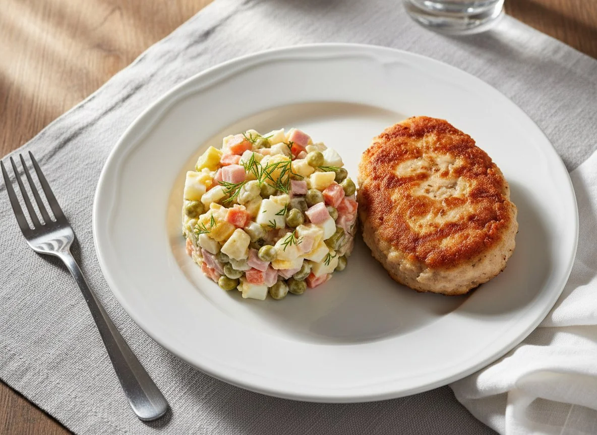 Салат Оливье и жареная котлета photo