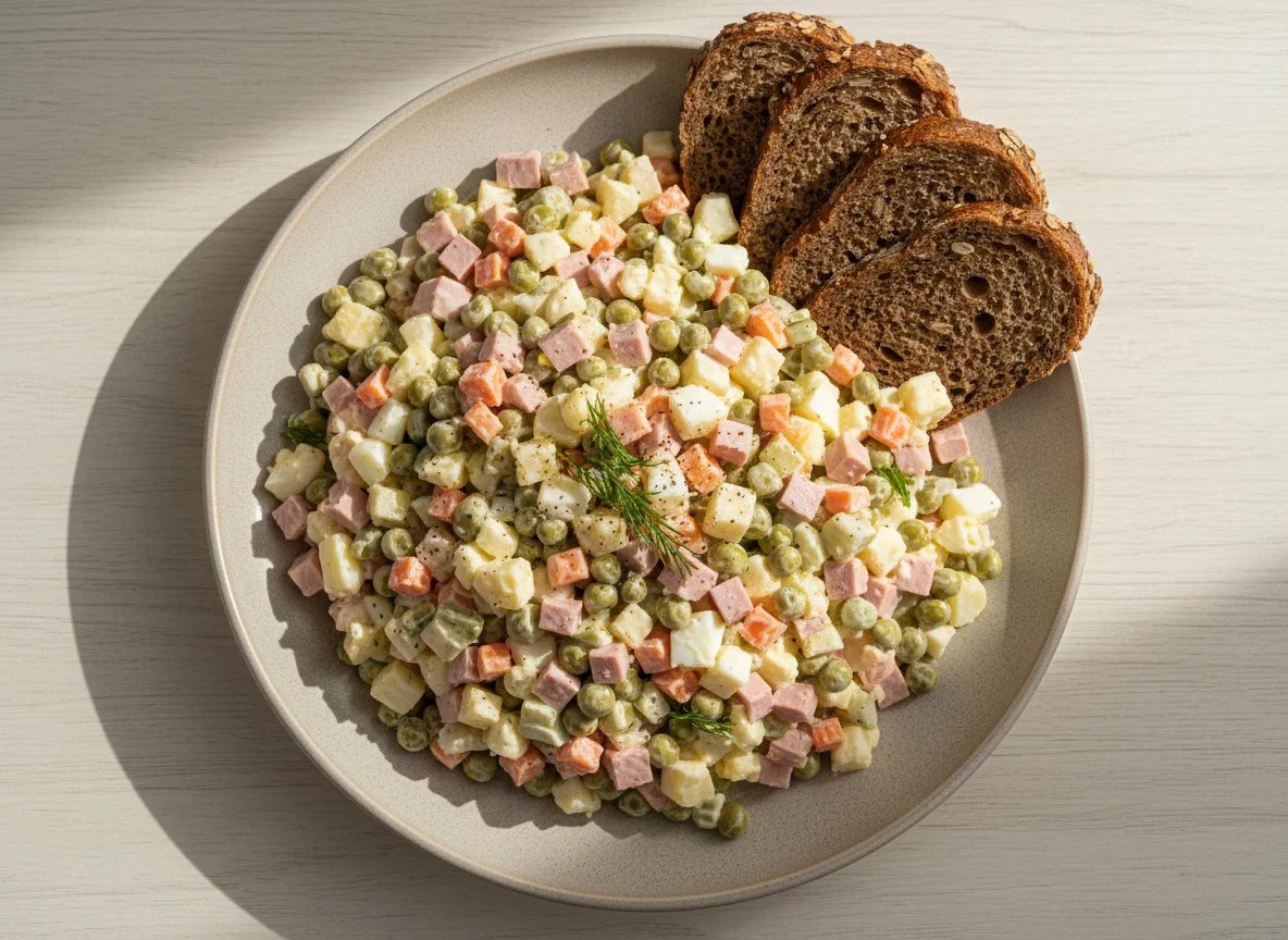 Салат Оливье с цельнозерновым хлебом photo