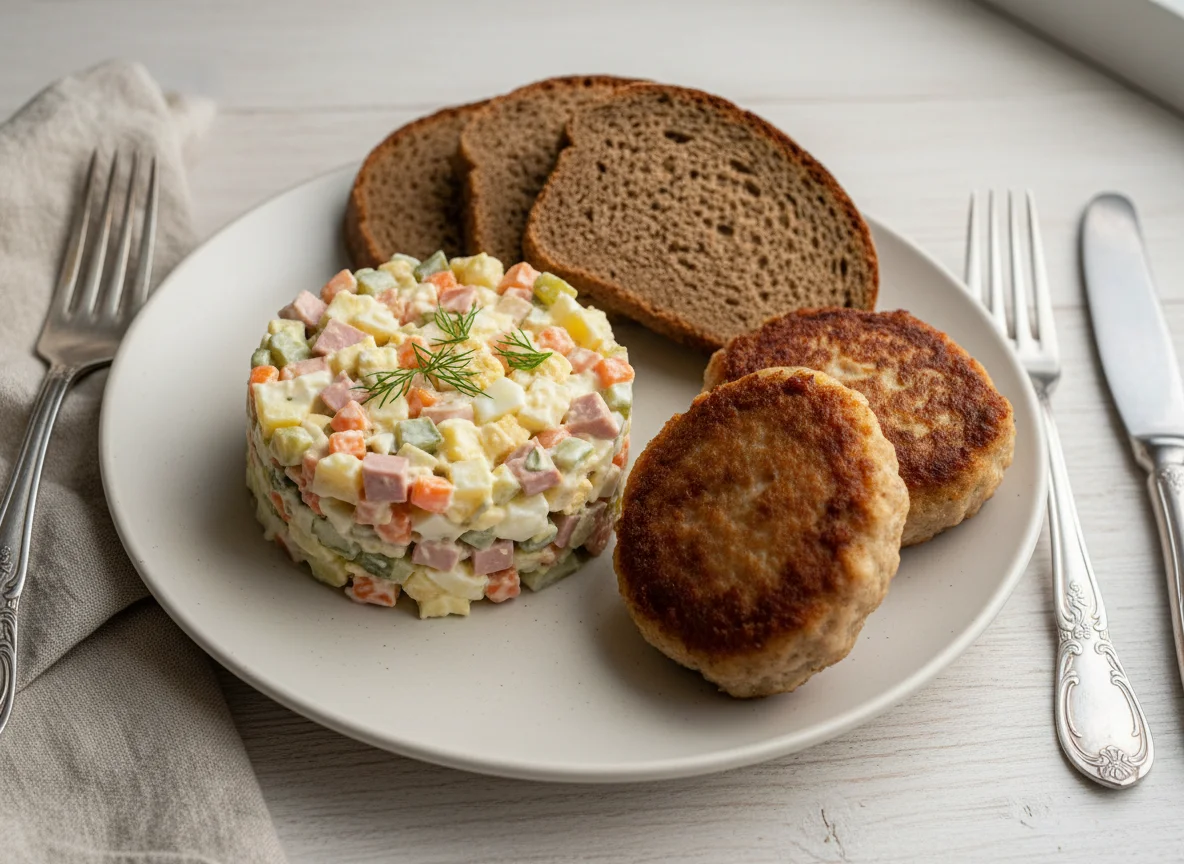 Салат Оливье с хлебом и котлетами photo