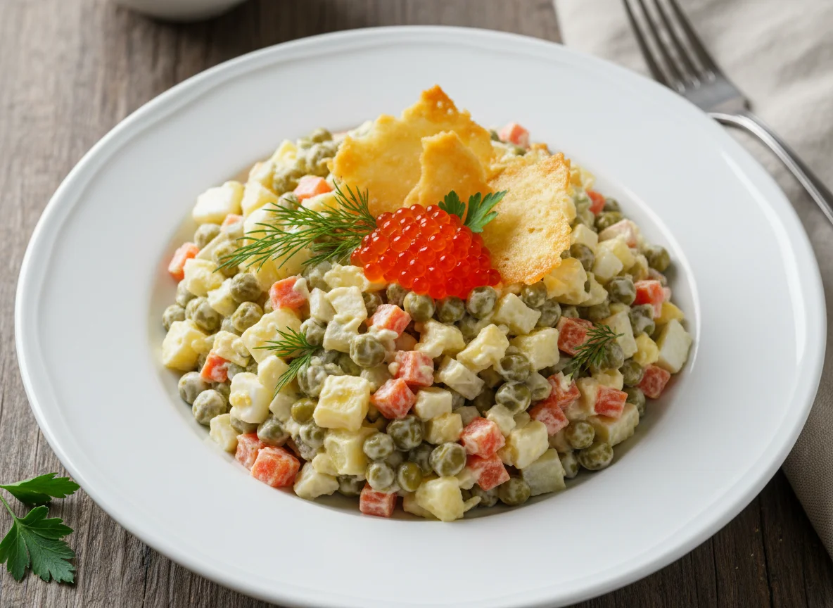 Салат Оливье с красной икрой и сырными чипсами photo