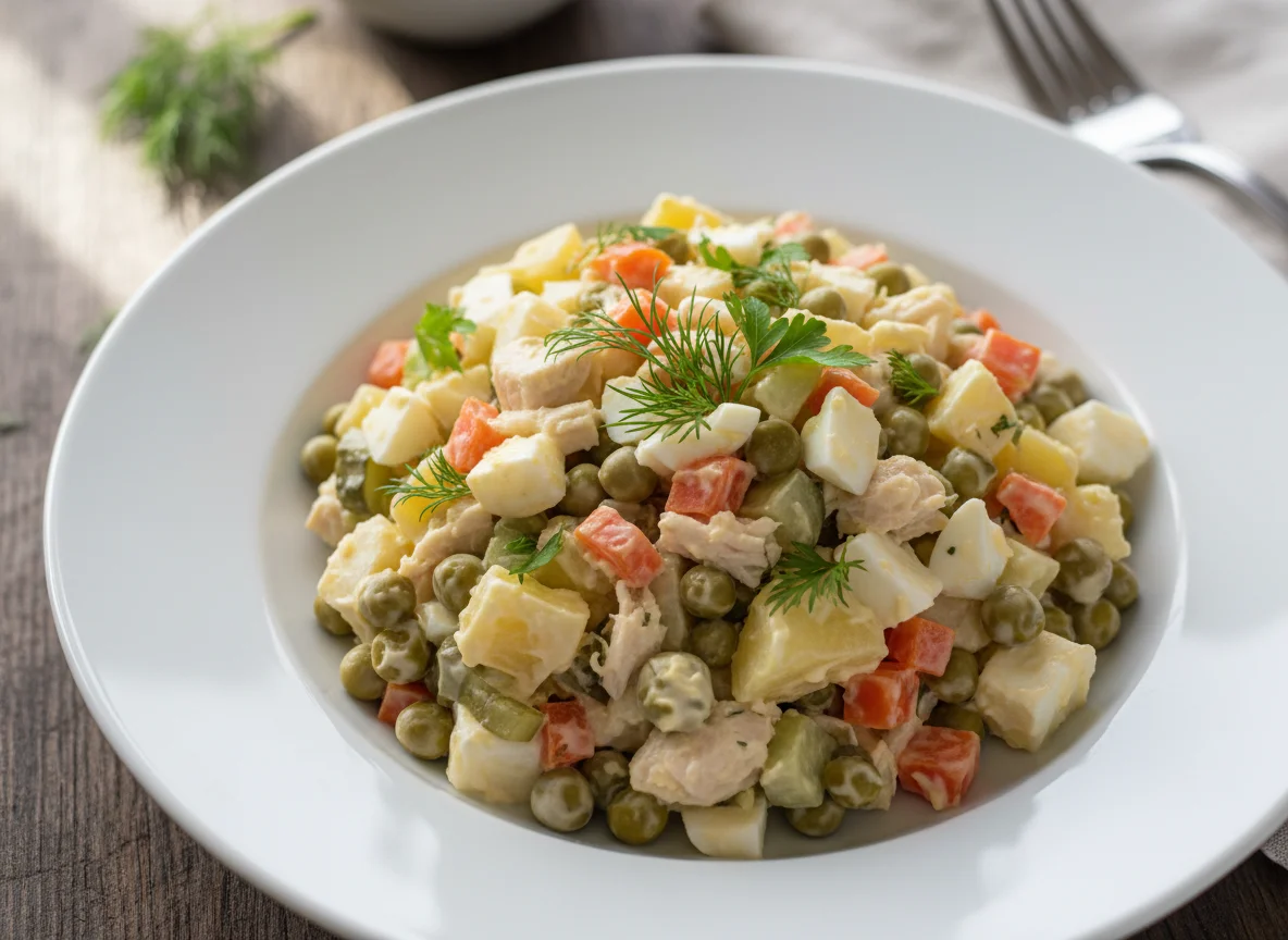 Салат Оливье с курицей и майонезом photo