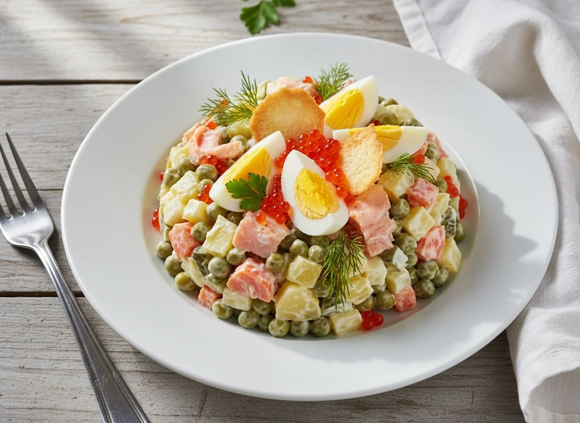 Салат Оливье с лососем photo