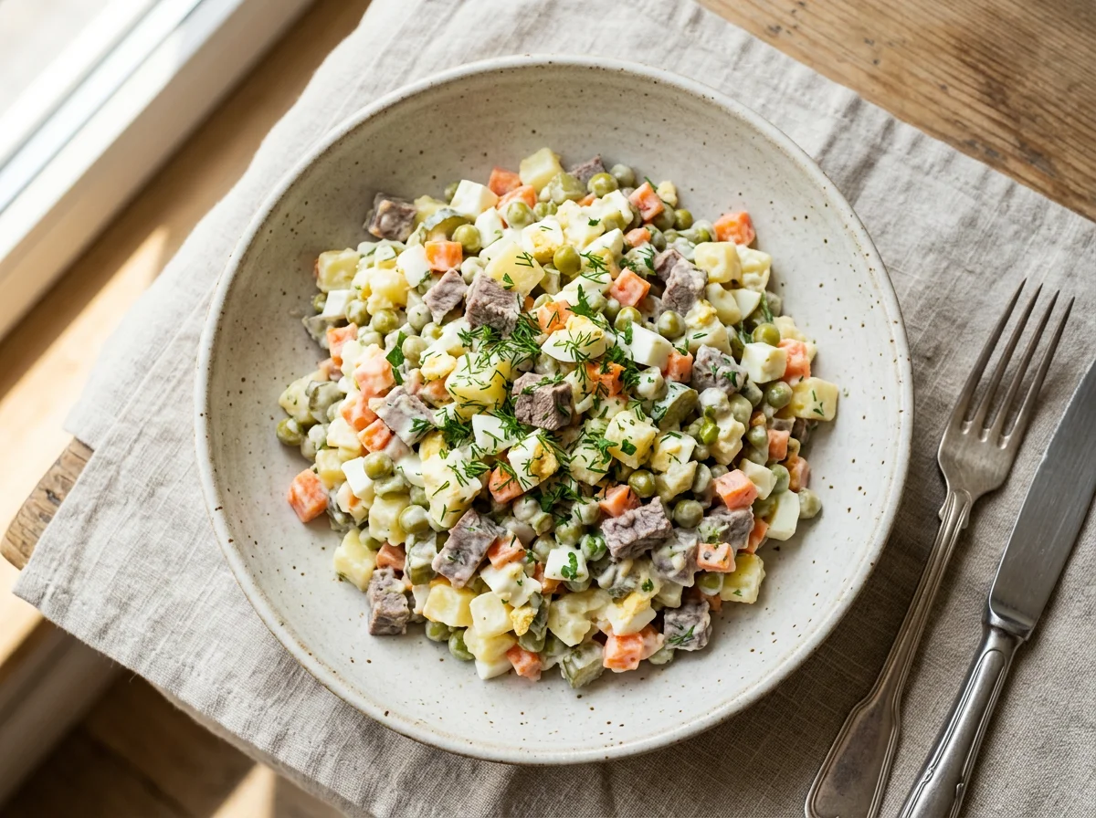 Салат Оливье с мясом photo