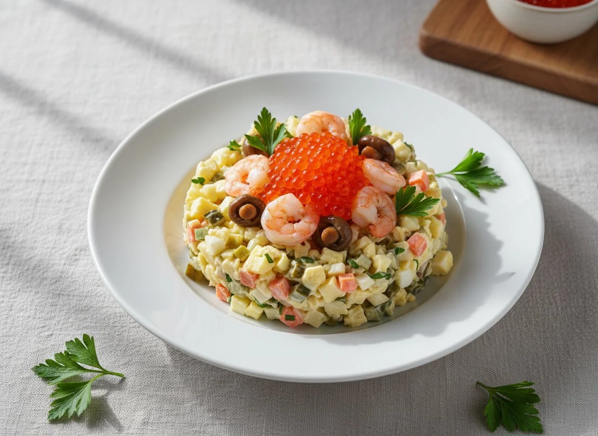 Салат Оливье с морепродуктами и икрой photo