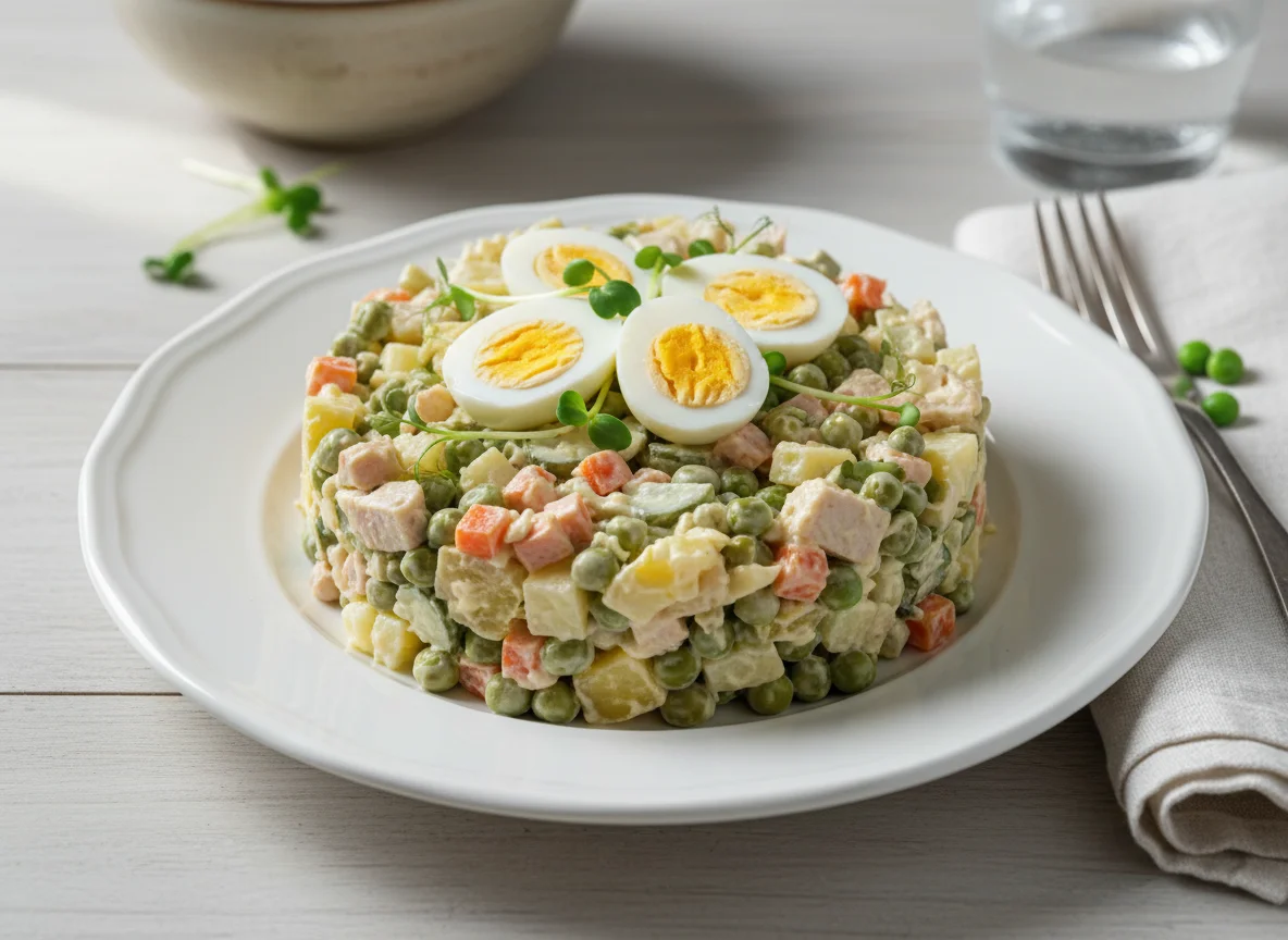 Салат Оливье с перепелиными яйцами photo