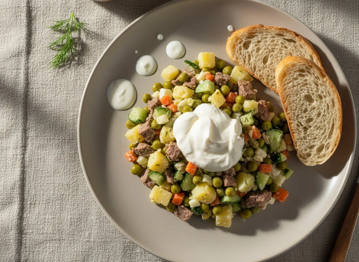 Салат Оливье со сметаной и хлебом photo