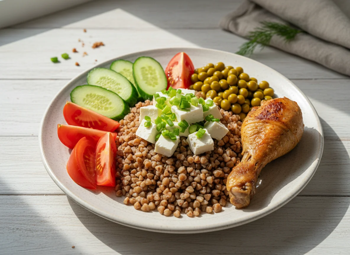 Салат овощной , греча , горох , куриная голень , сыр photo