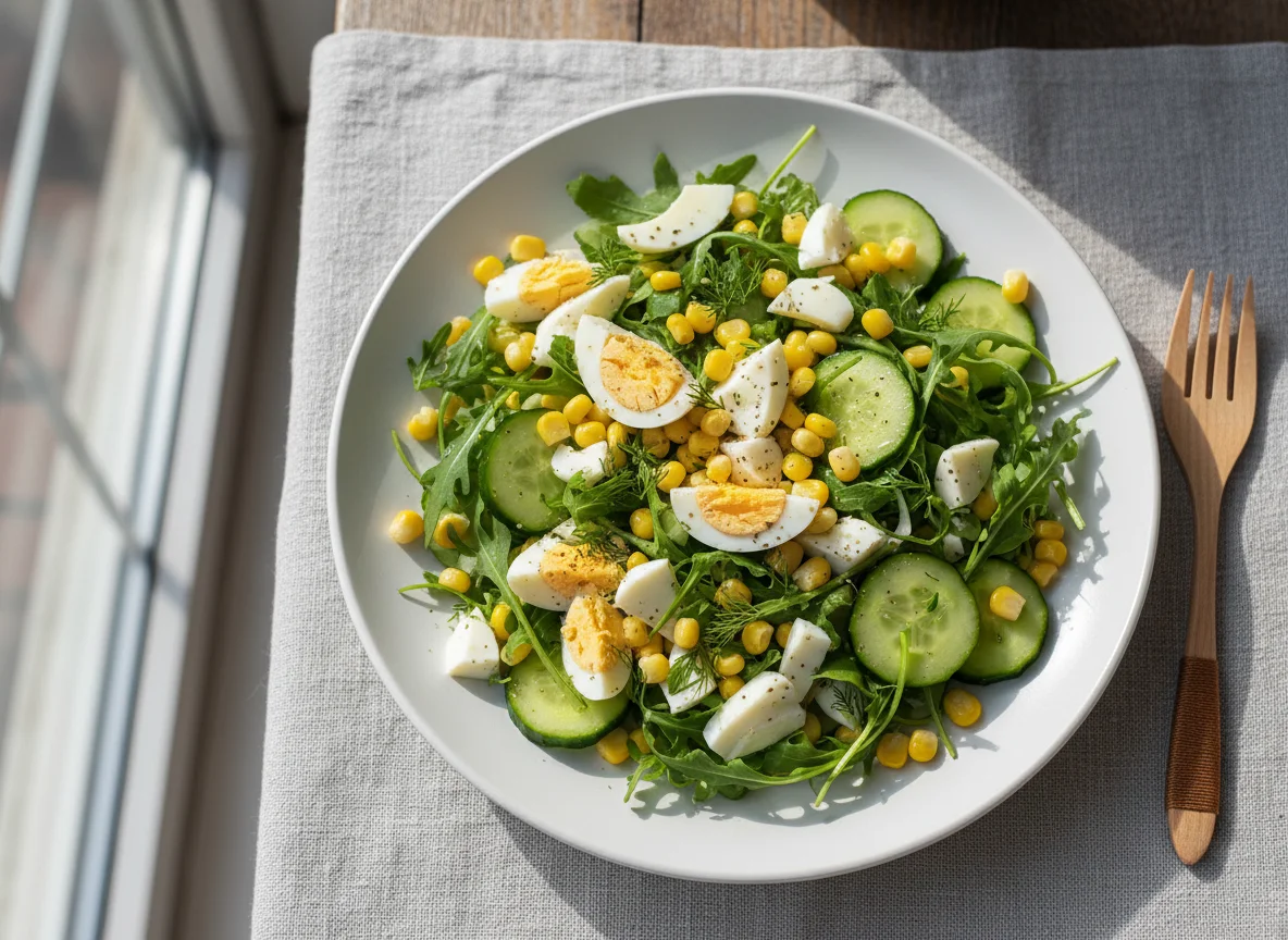 Салат с яйцами, кукурузой и рукколой photo