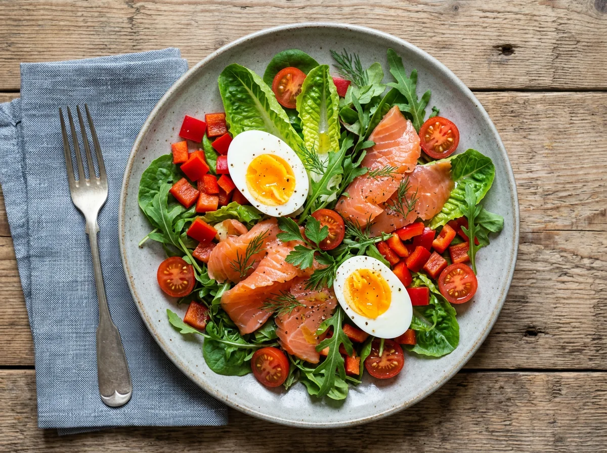 Салат с яйцами, лососем и овощами photo