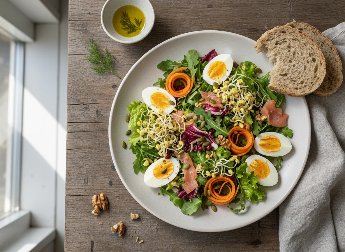 Салат с яйцами, овощами и хлебом photo