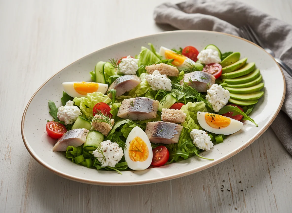 Салат с яйцами, сельдью и овощами photo