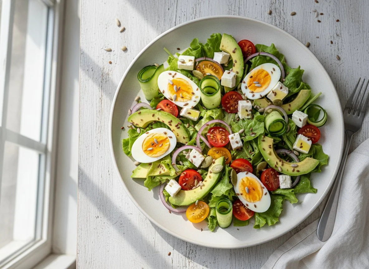 Салат с яйцом, авокадо и овощами photo