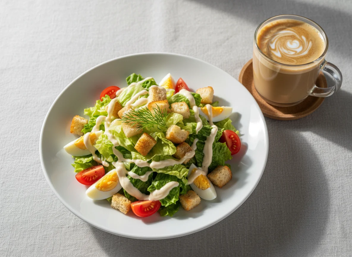 Салат с яйцом и кофе латте photo