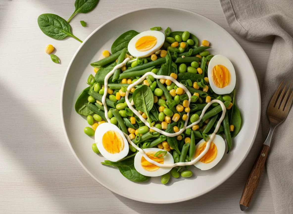 Салат с яйцом, кукурузой, стручковой фасолью, эдамаме и шпинатом photo