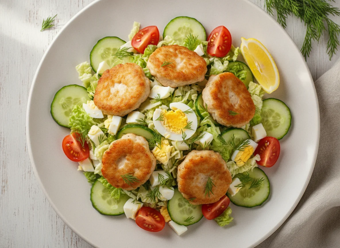 Салат с яйцом, курицей и овощами photo