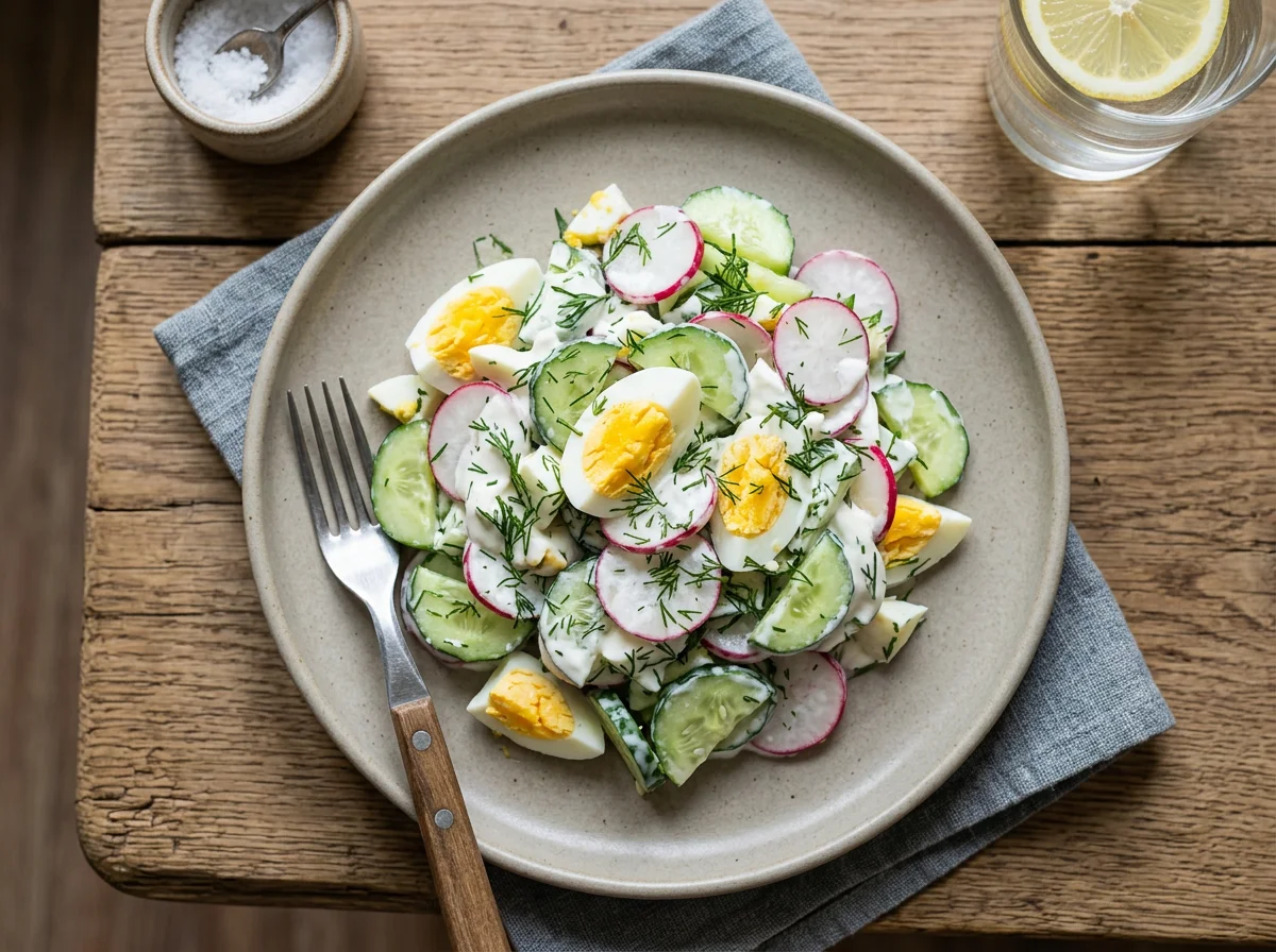 Салат с яйцом, огурцами, редисом и сметаной photo