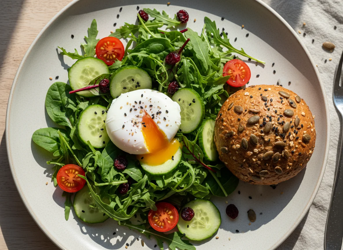 Салат с яйцом пашот и цельнозерновой булочкой photo