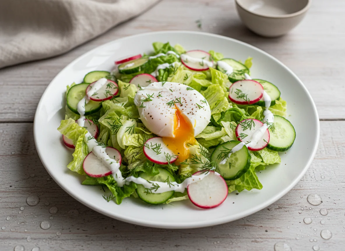 Салат с яйцом пашот и свежими овощами photo