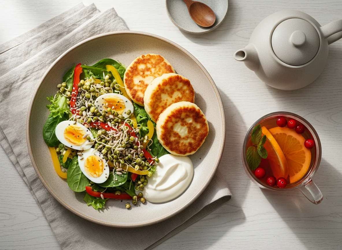 Салат с яйцом, проростками и сырниками с чаем photo