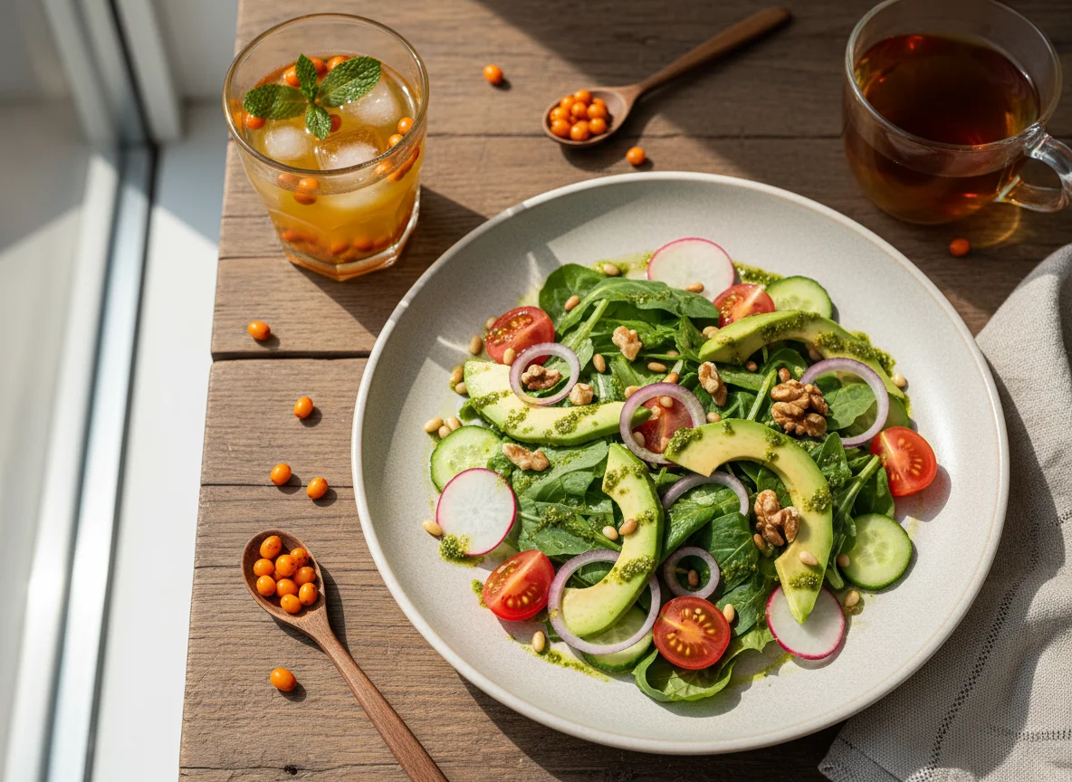 Салат с авокадо и облепиховый морс photo